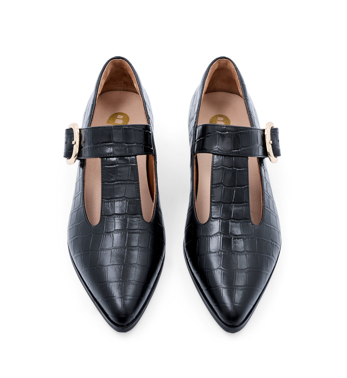 pair of black croc flats with t bar detail and gold buckle with a pointed toe