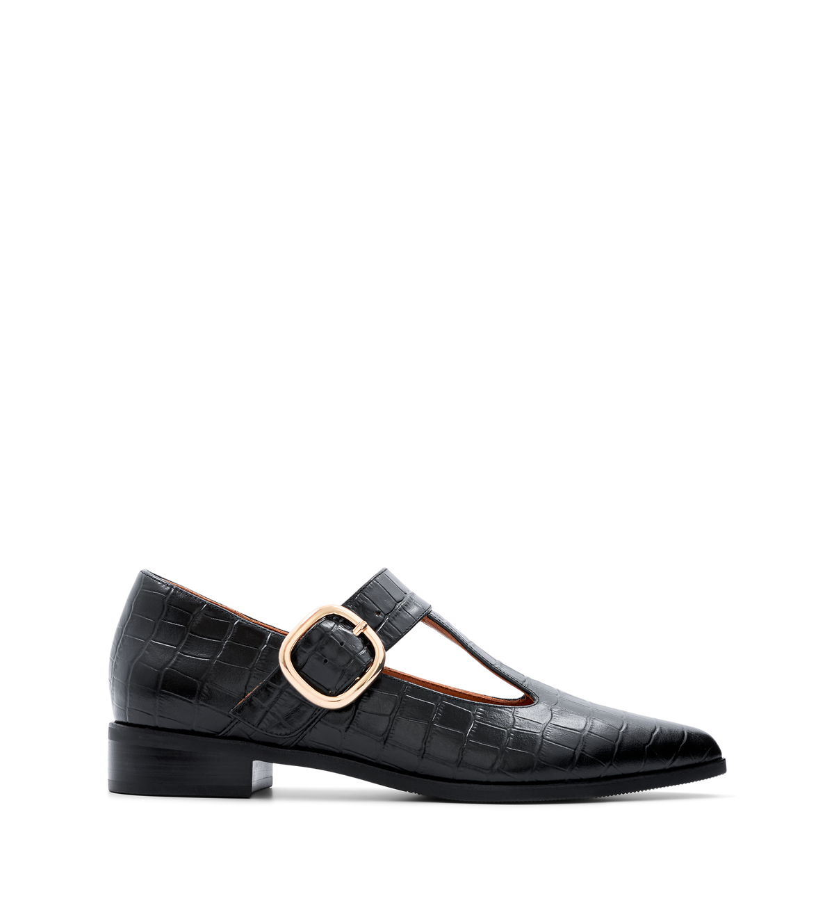 Black croc embossed leather ballet flat with a gold buckle and a synthetic/rubber sole.