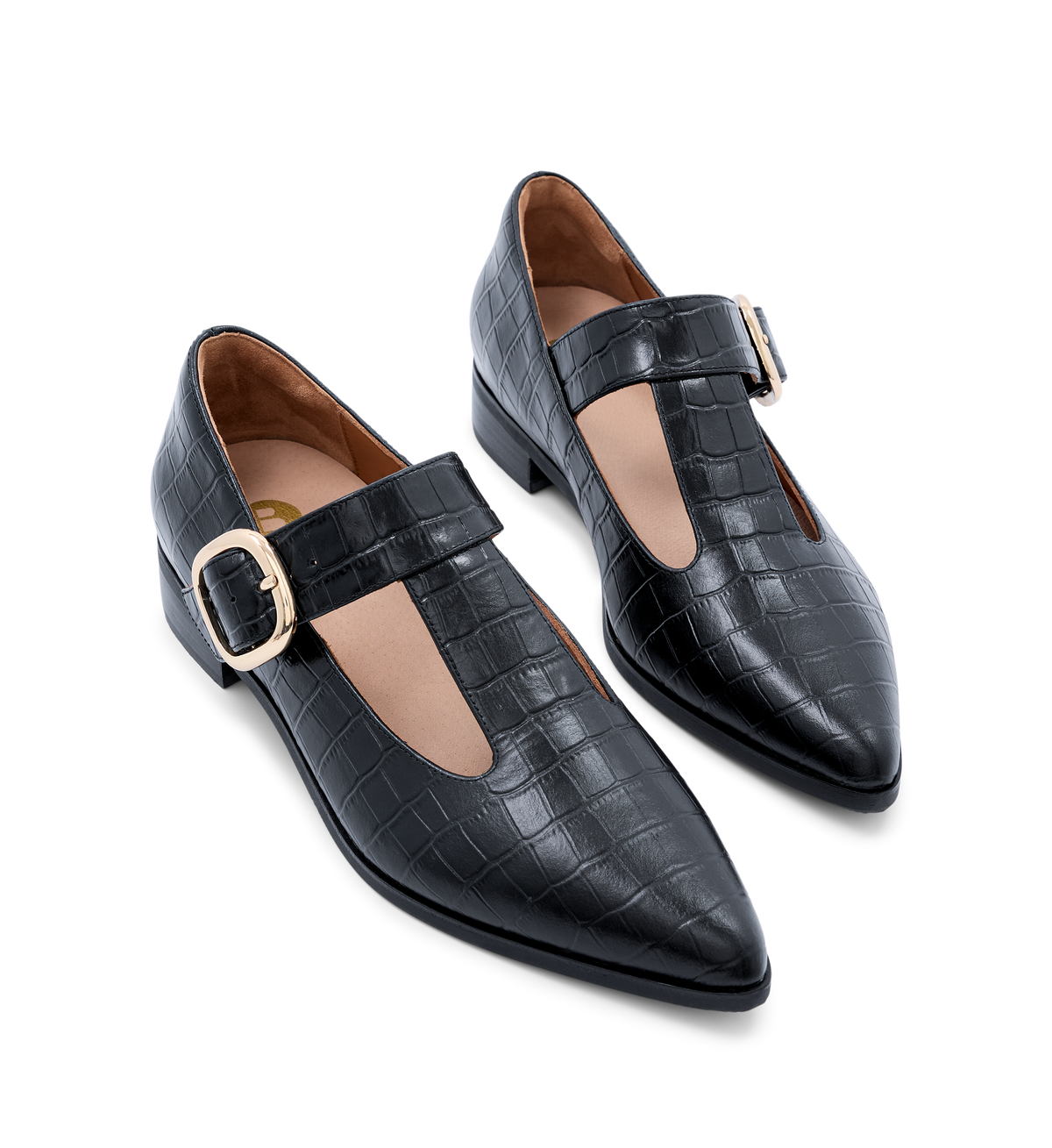 pair of black leather pointed toe flats with croc texture, t bar strap and gold buckle