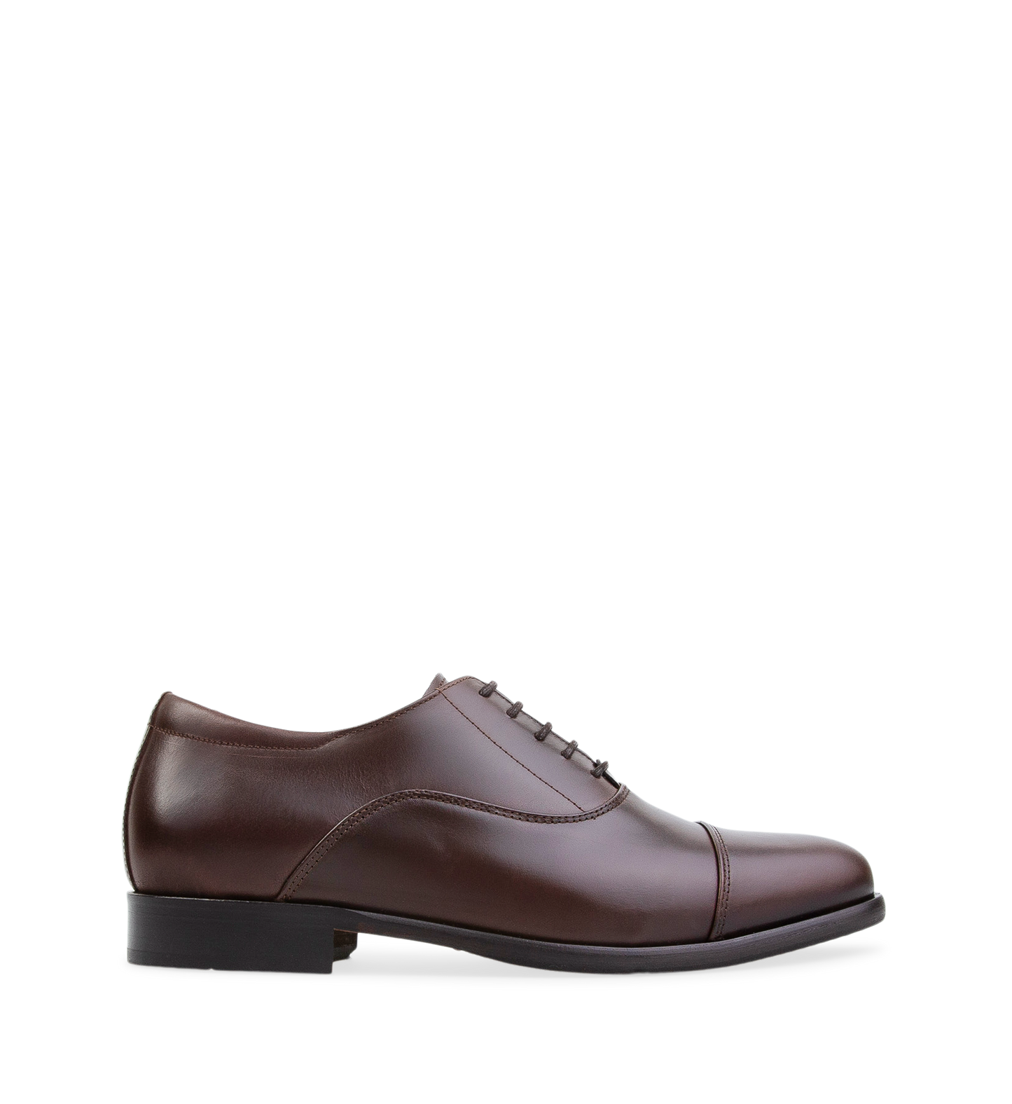 A single brown leather lace-up dress shoe with a black heel.