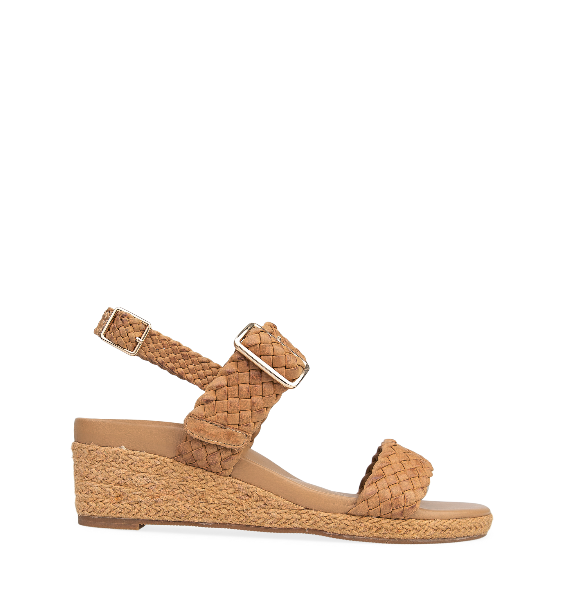 A pair of tan leather wedges with adjustable sling-back and mid-foot strap, featuring a gold-colored buckle.