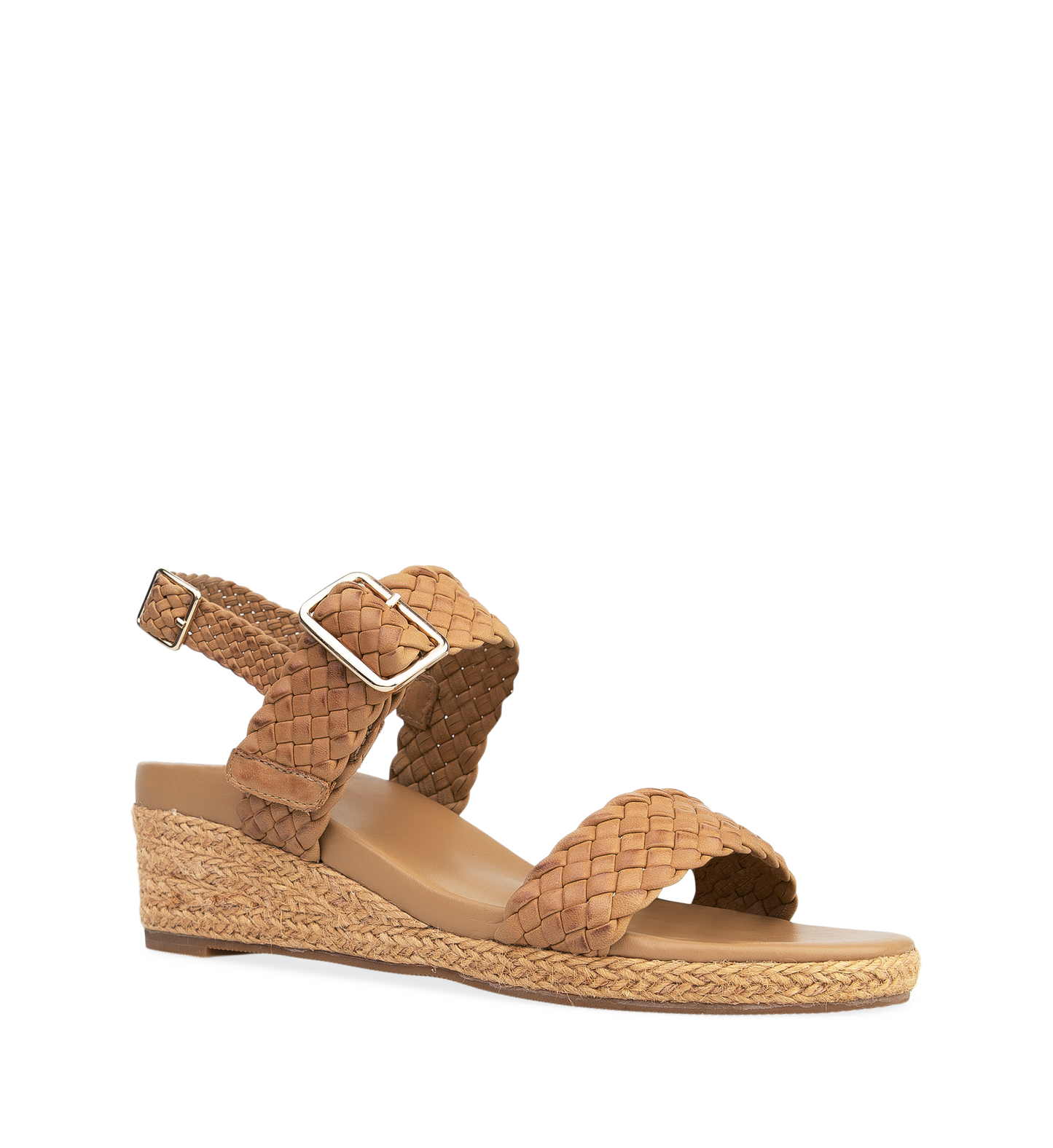 a womens tan wedge heel with gold buckle and braided straps