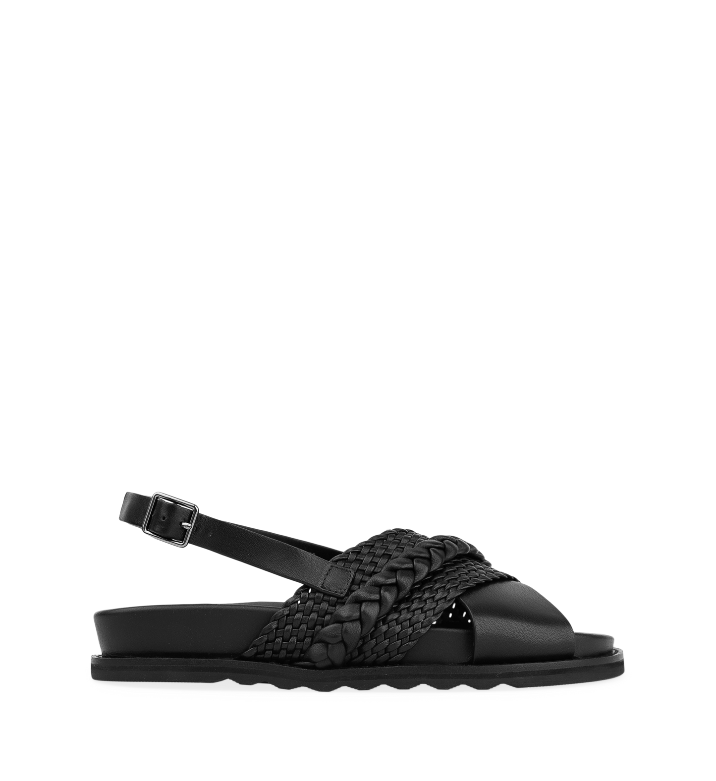 Garganey Black Leather Flat Sandals