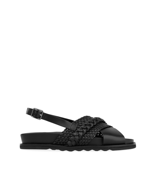 Garganey Black Leather Flat Sandals