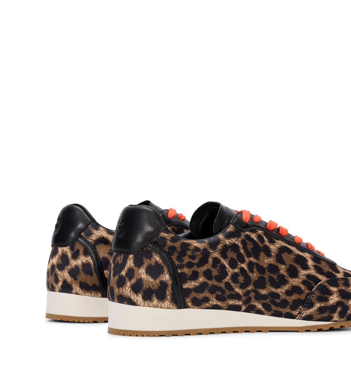 Leopard print sneakers with black accents on a white background