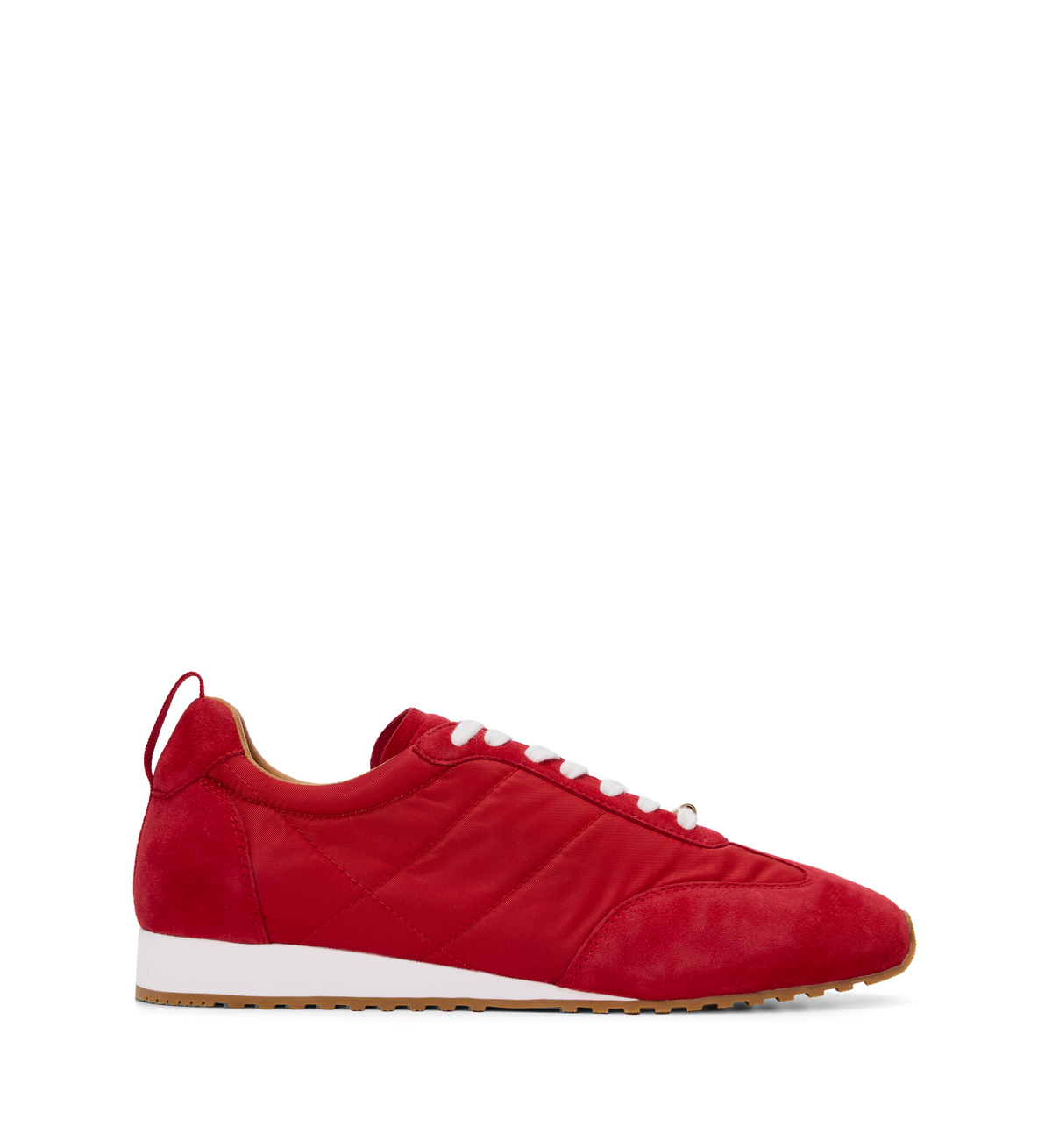 Red sneaker with white sole on a white background