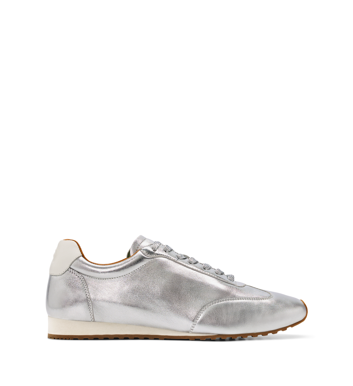 Silver sneaker with white sole on a white background