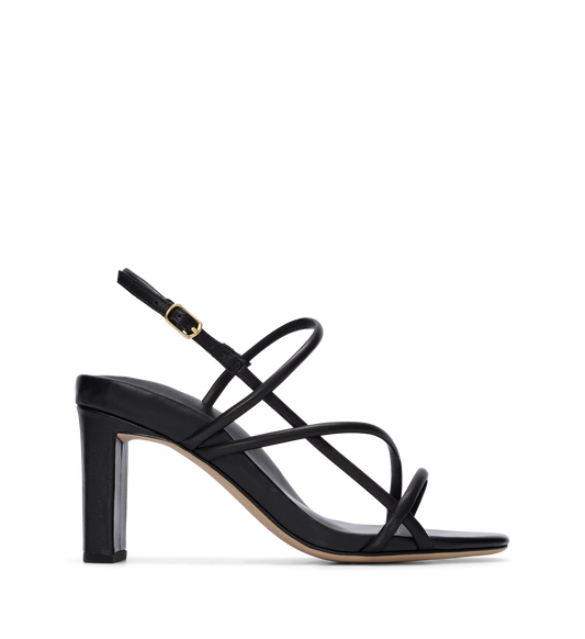 Black leather high heels with adjustable ankle strap and gold hardware.