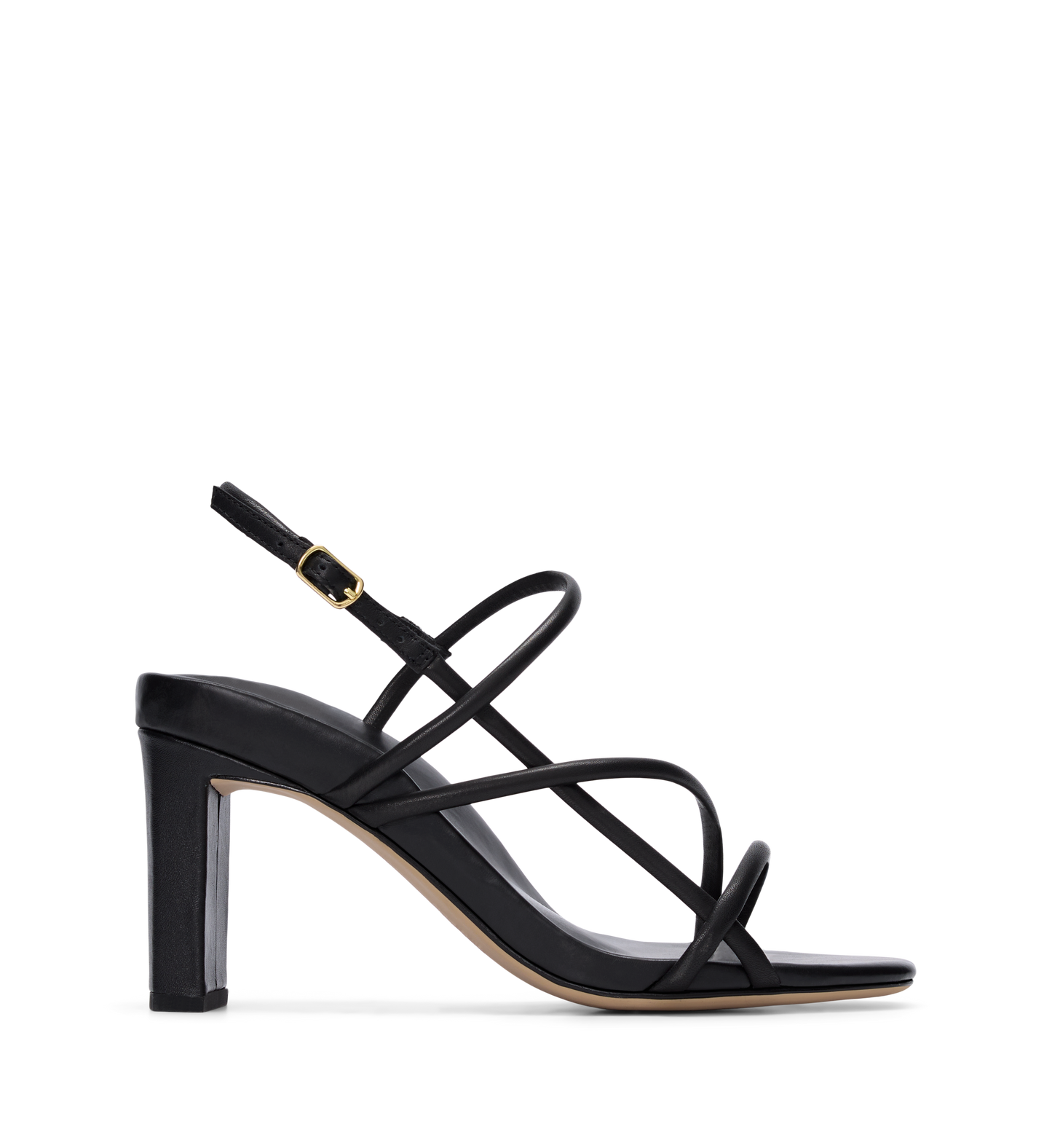 Black leather high heels with adjustable ankle strap and gold hardware.