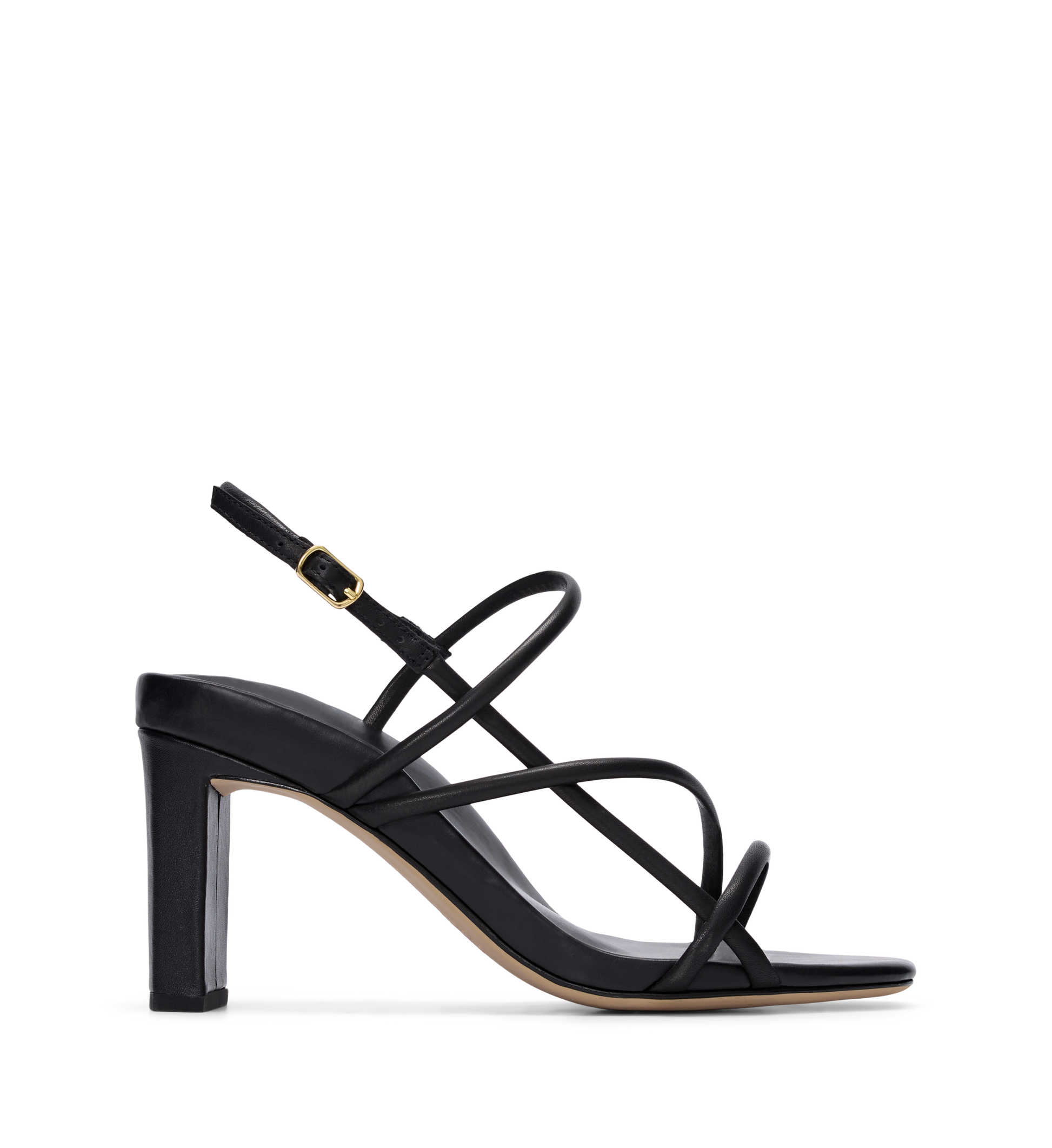 Black leather high heels with adjustable ankle strap and gold hardware.