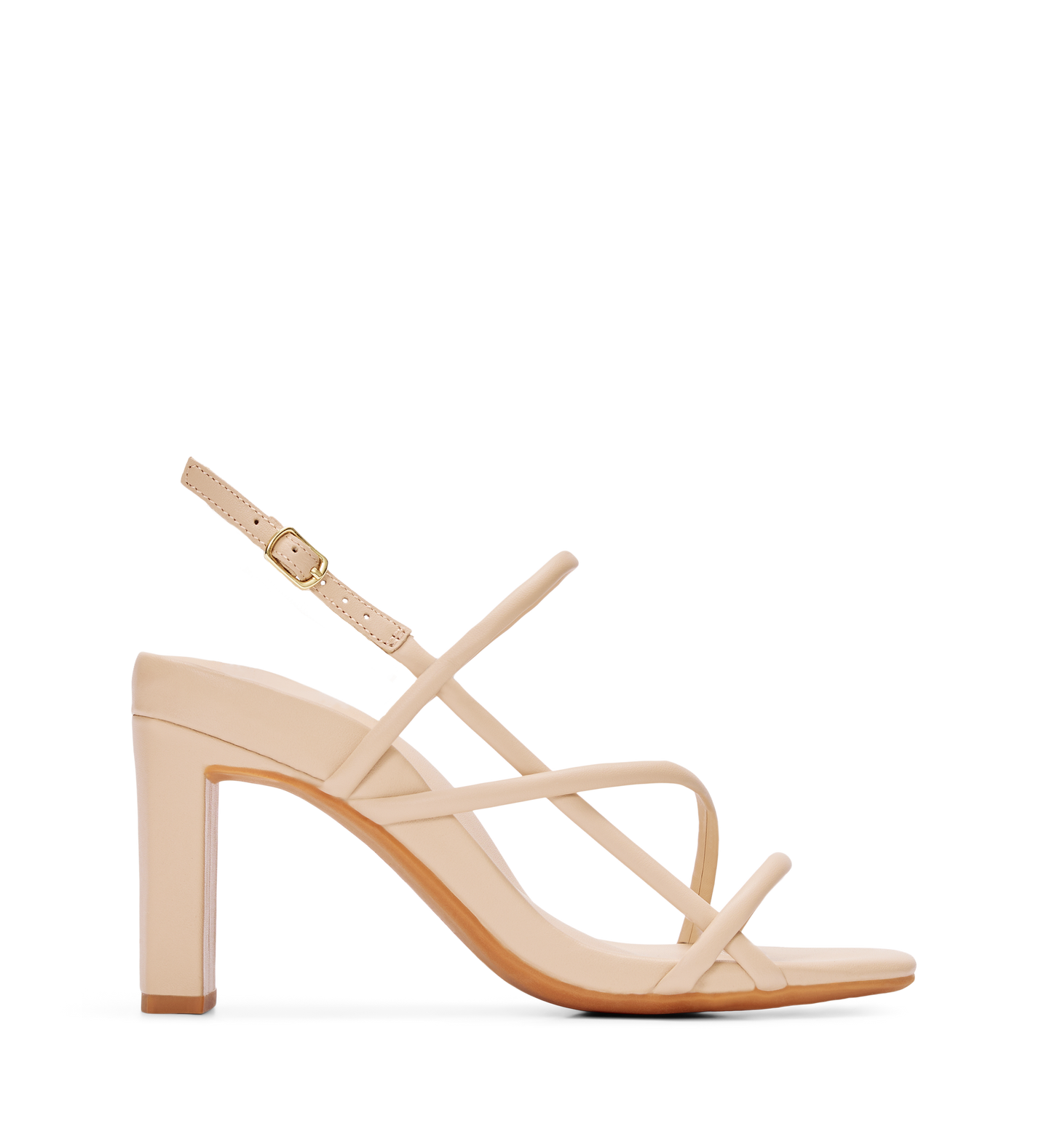 A sand-colored, strappy high heel sandal with an ankle strap and gold hardware.