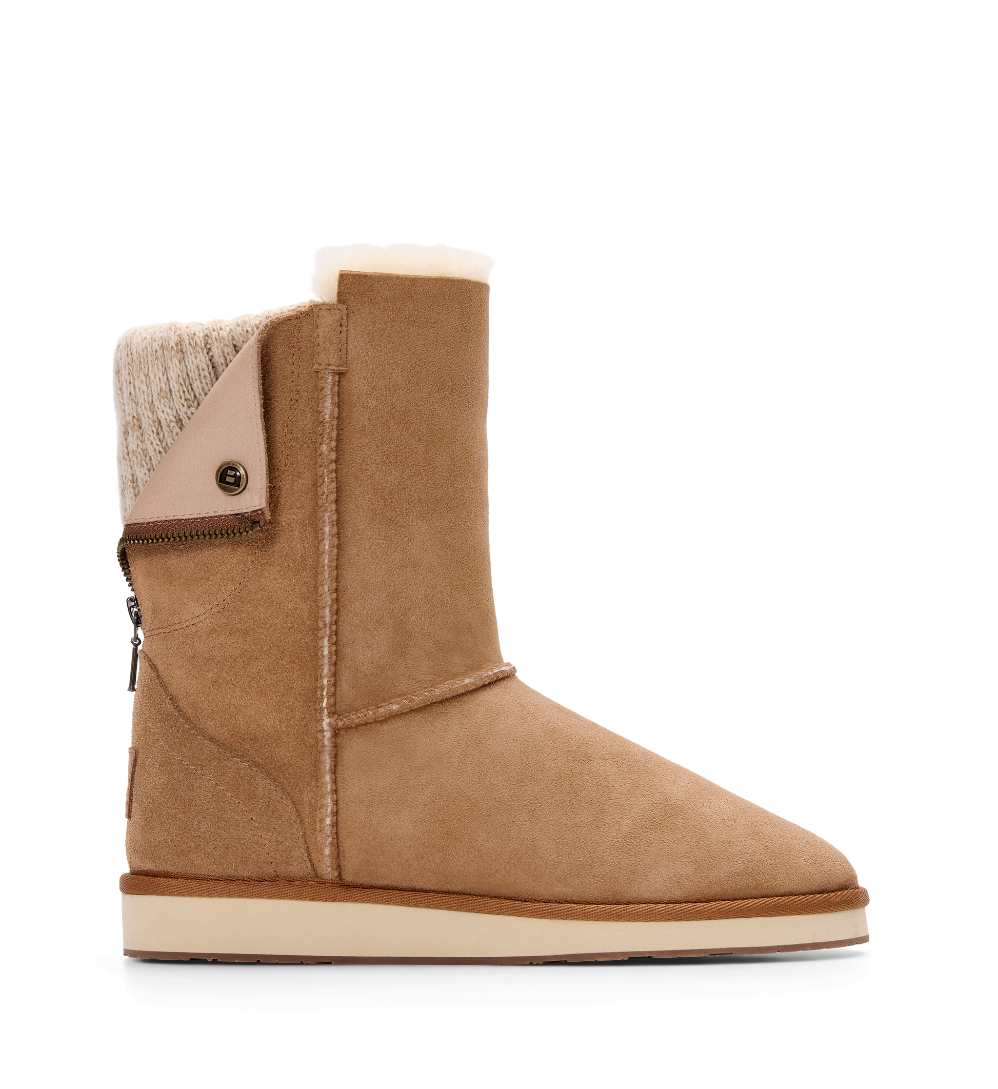 A chestnut brown slipper boot with a knitted upper and a flat sole.