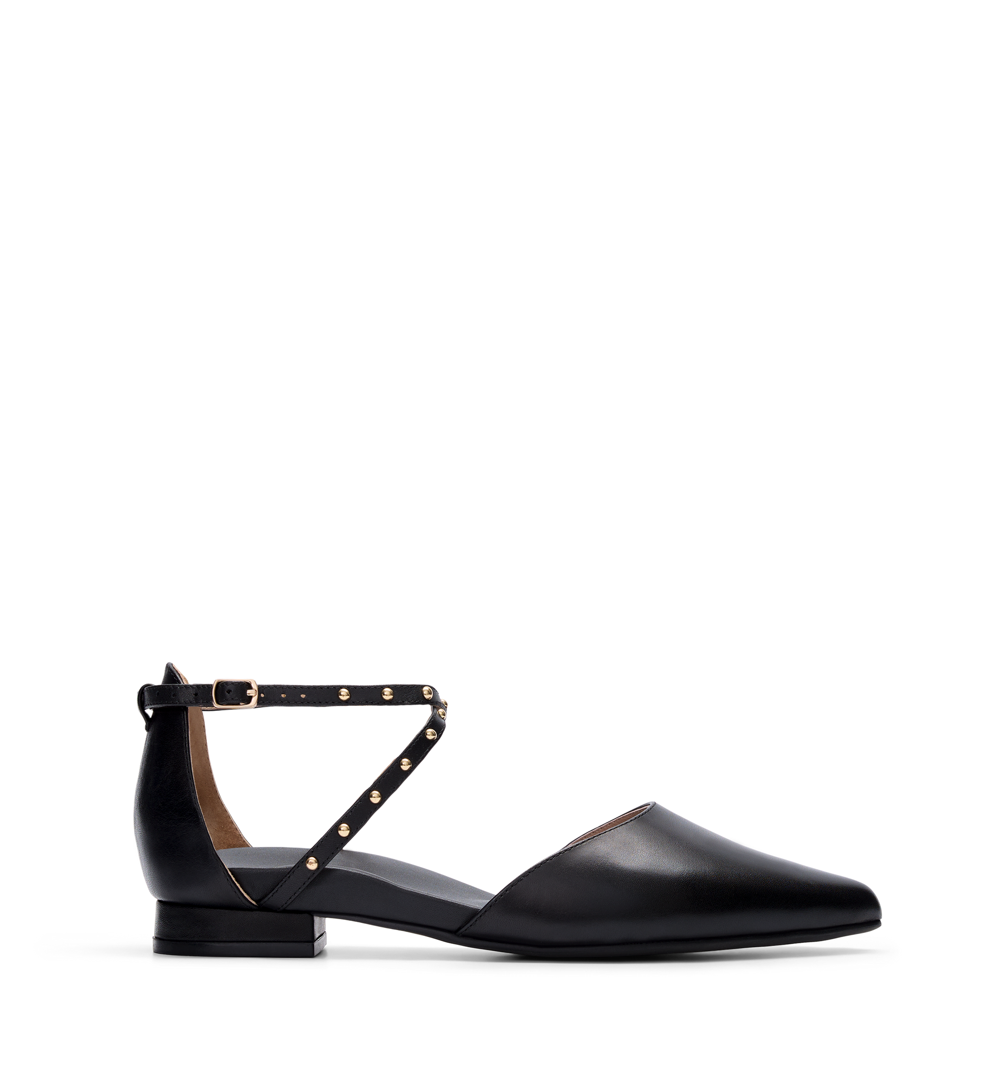 A single black leather flat shoe with an adjustable ankle strap and gold hardware.
