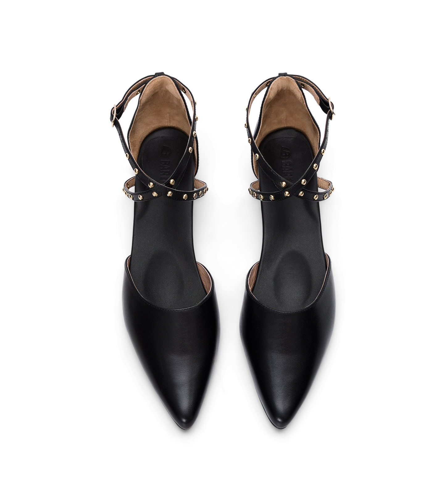 Black pointed-toe shoes with studded details on a white background
