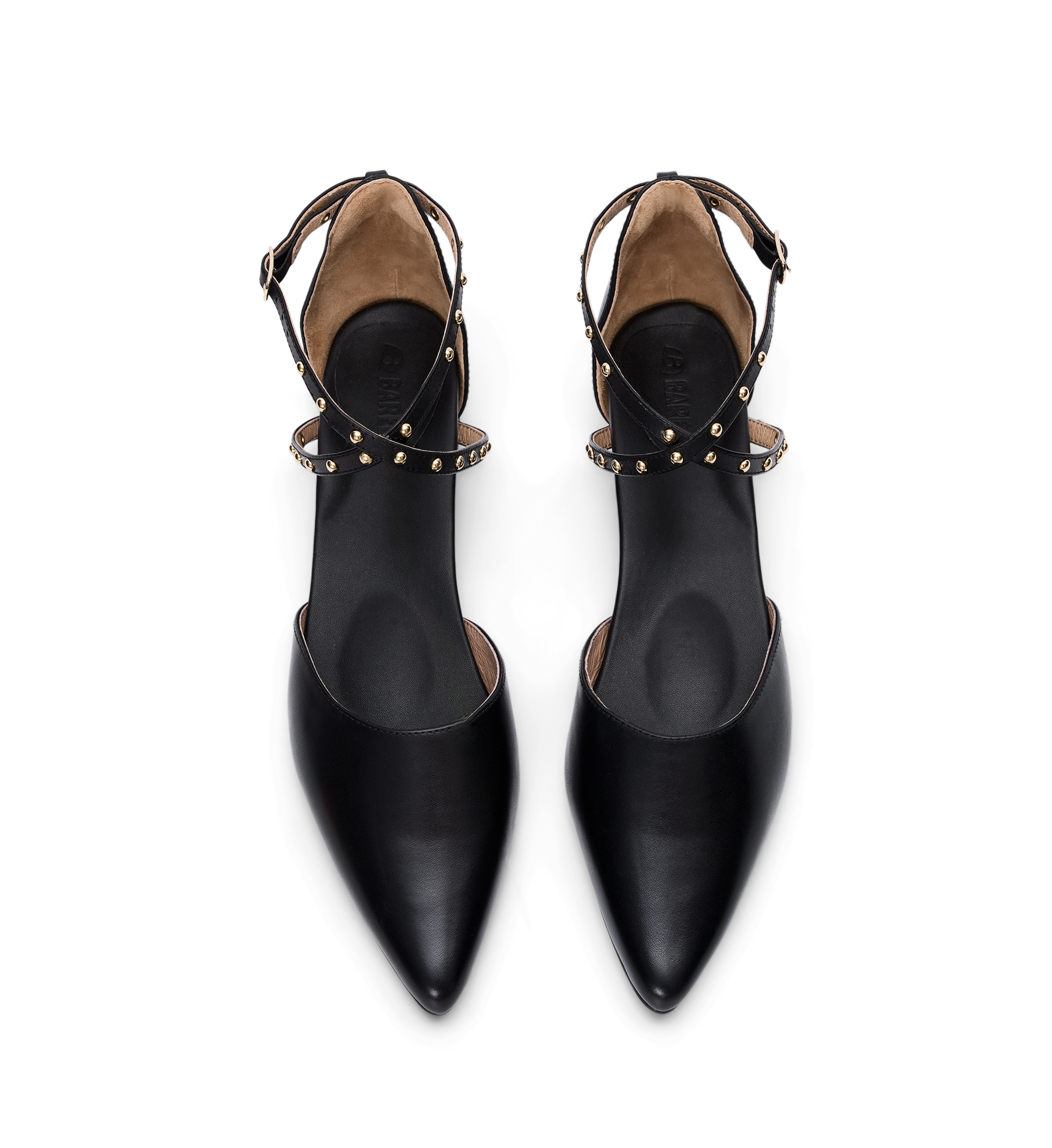 Black pointed-toe shoes with studded details on a white background