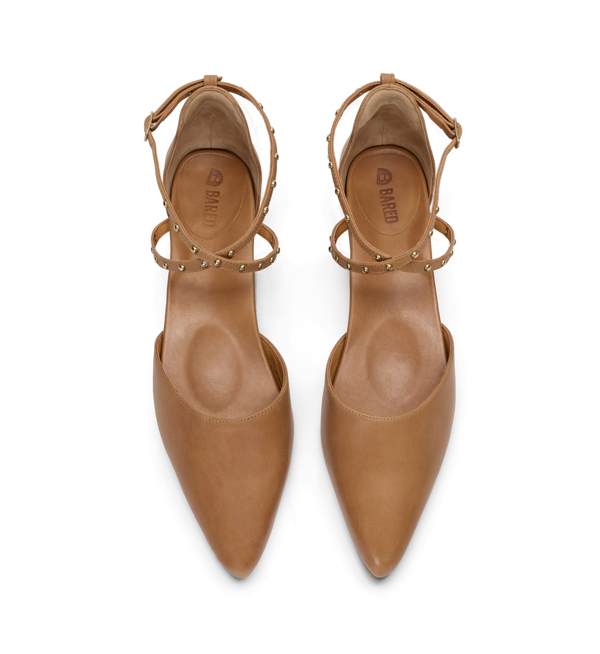 Pair of tan flats with studded details on a white background