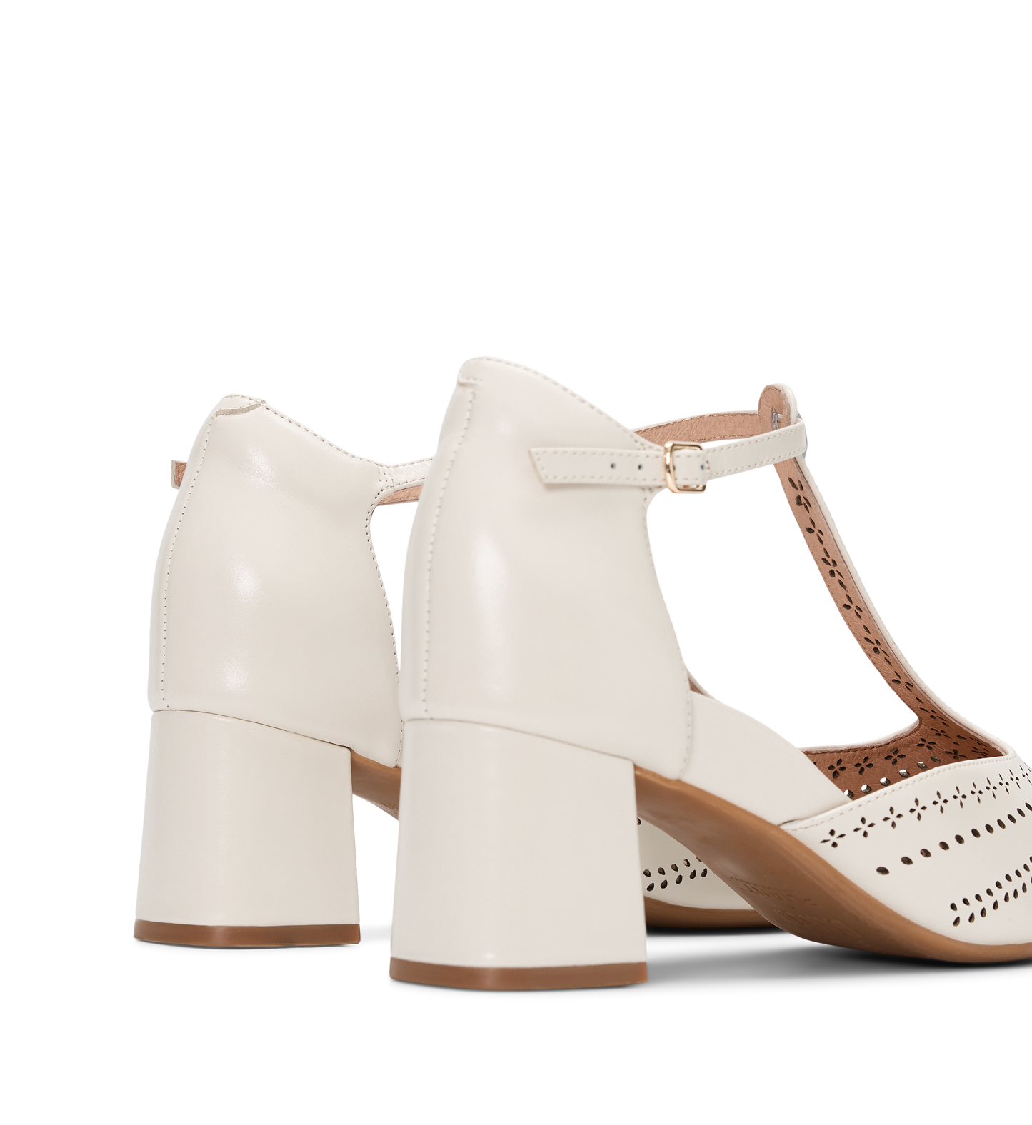 Grosbeak Ecru Leather & Brogue Detail Low Heels