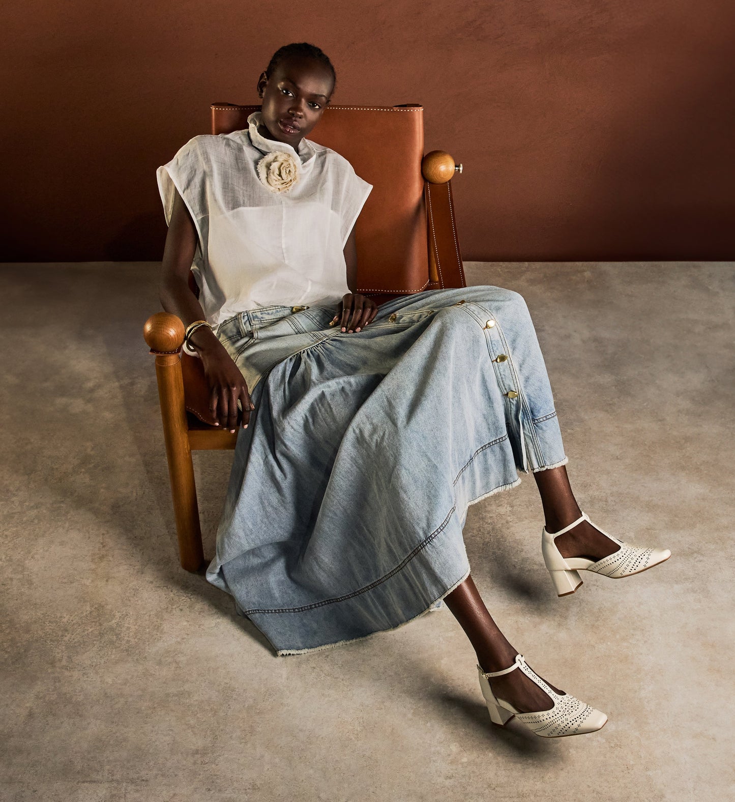 Grosbeak Ecru Leather & Brogue Detail Low Heels