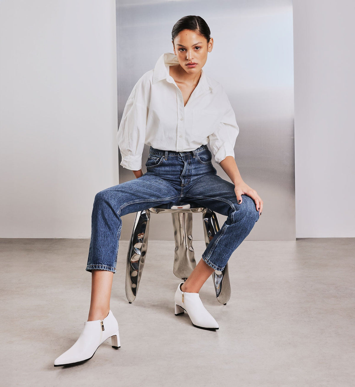 Habia White Leather Heeled Boots