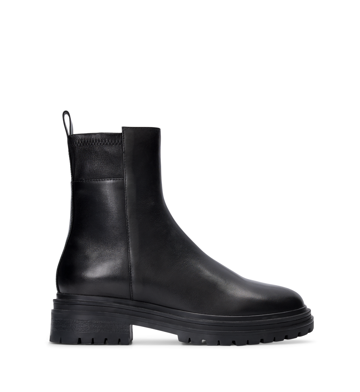 A black leather flat boot with a chunky rubber sole.