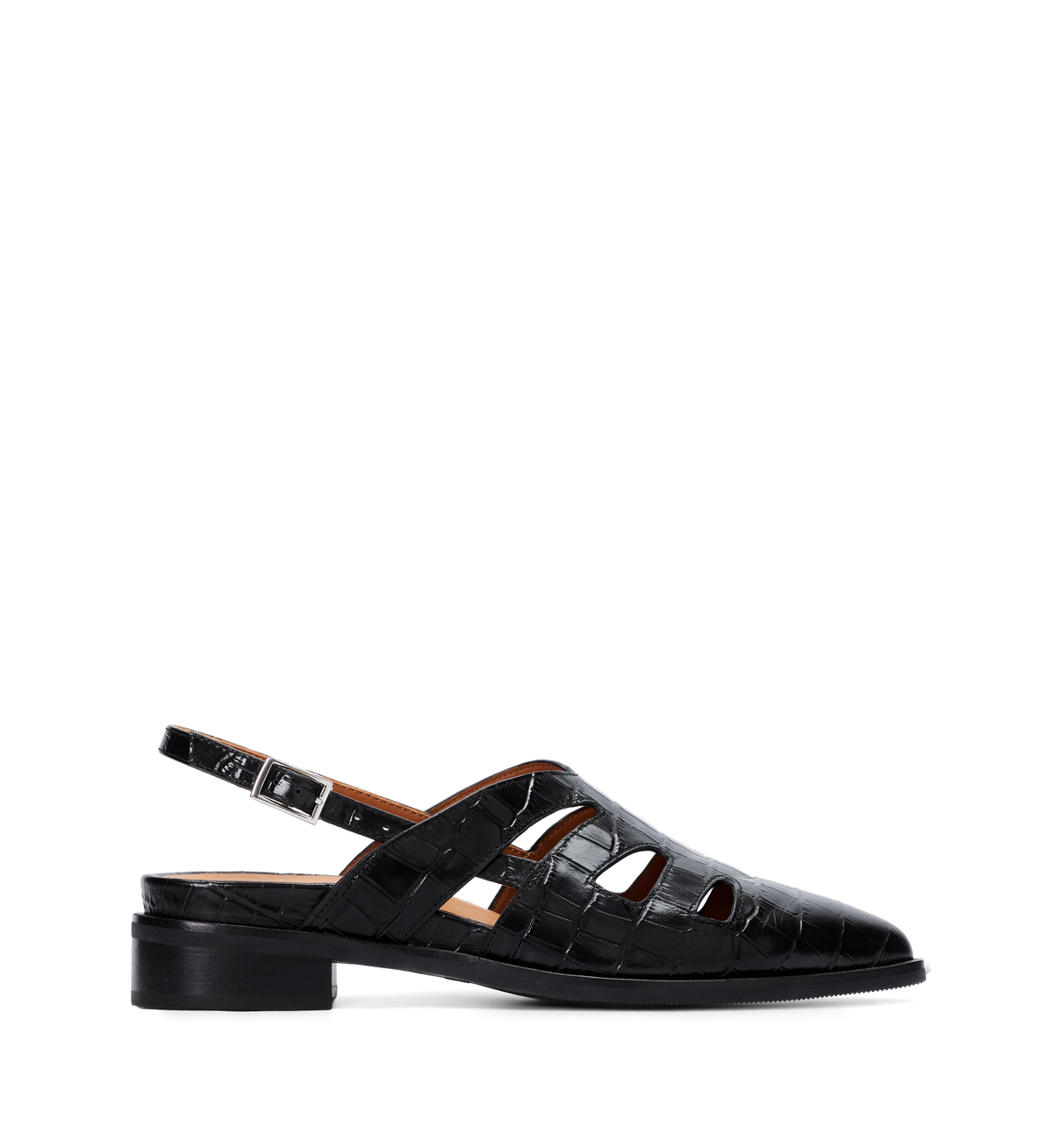 Black flats with a strap on a white background
