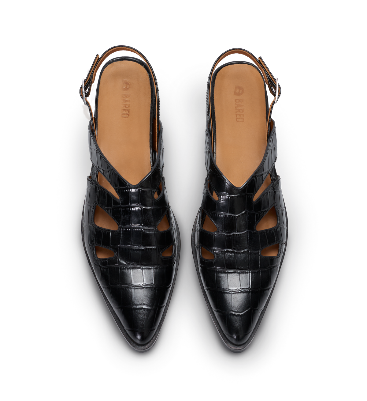 Black crocodile-patterned slingback flats on a white background