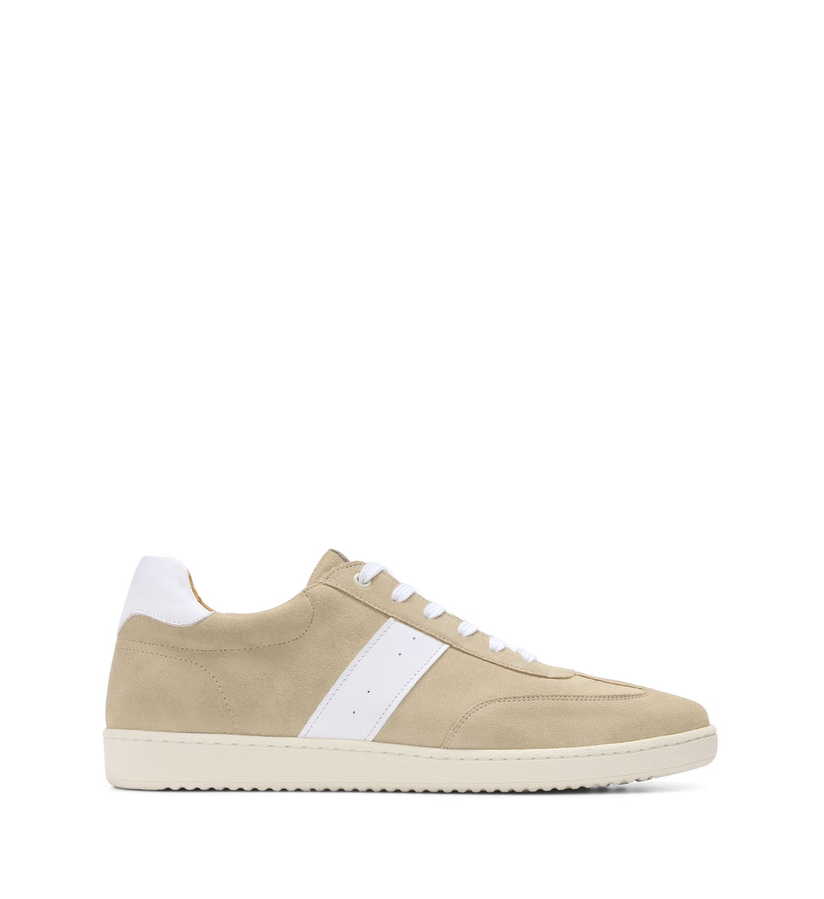 A pair of beige suede men's sneakers with white stripes and lace-up closure.