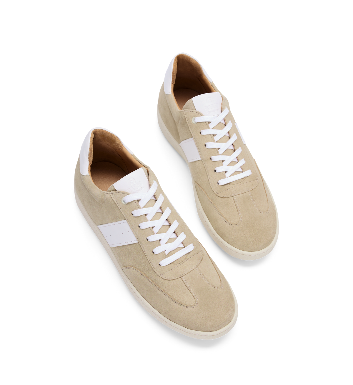 pair of mens beige sneakers in suede