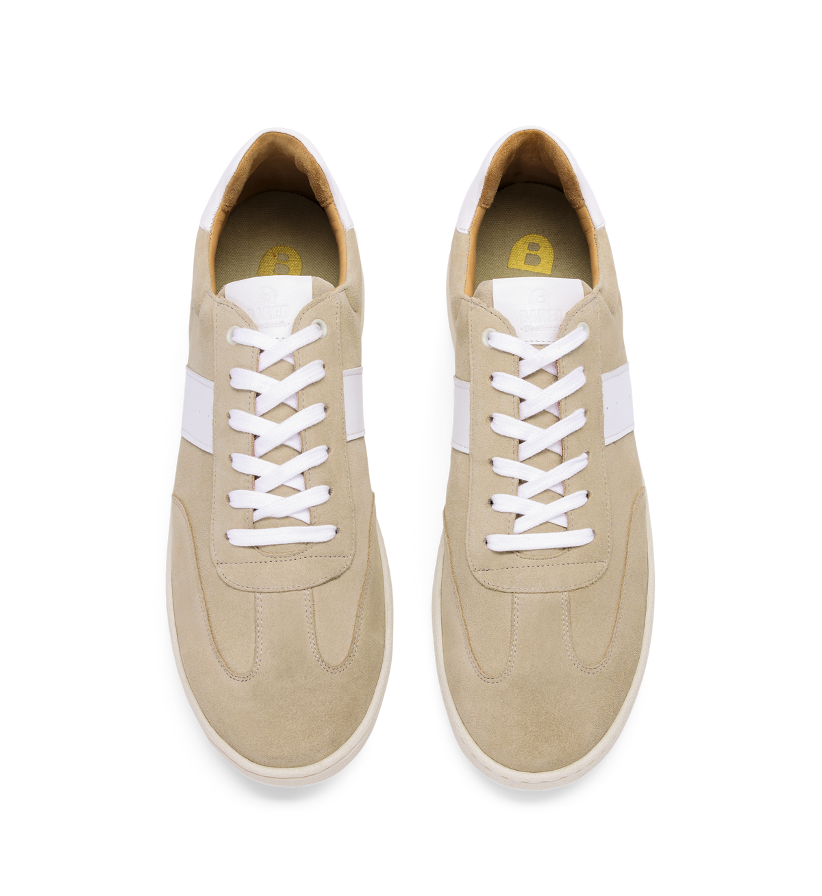pair of mens suede beige sneakers with white details