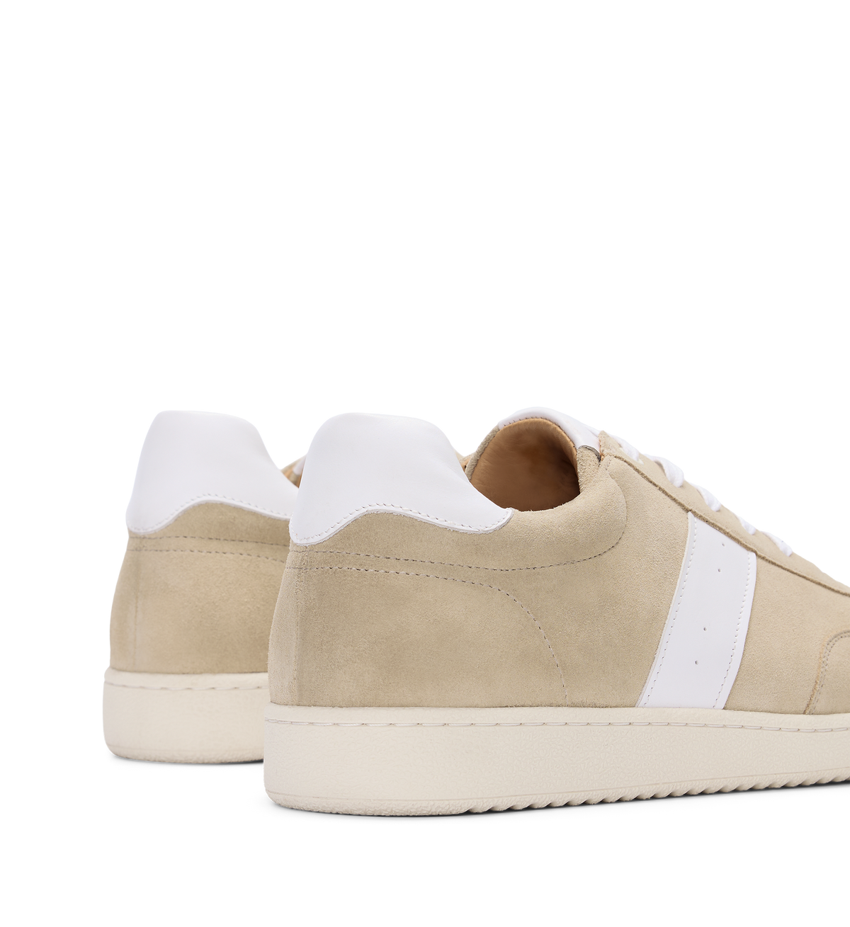 close up on the back of the holmium mens beige suede sneakers