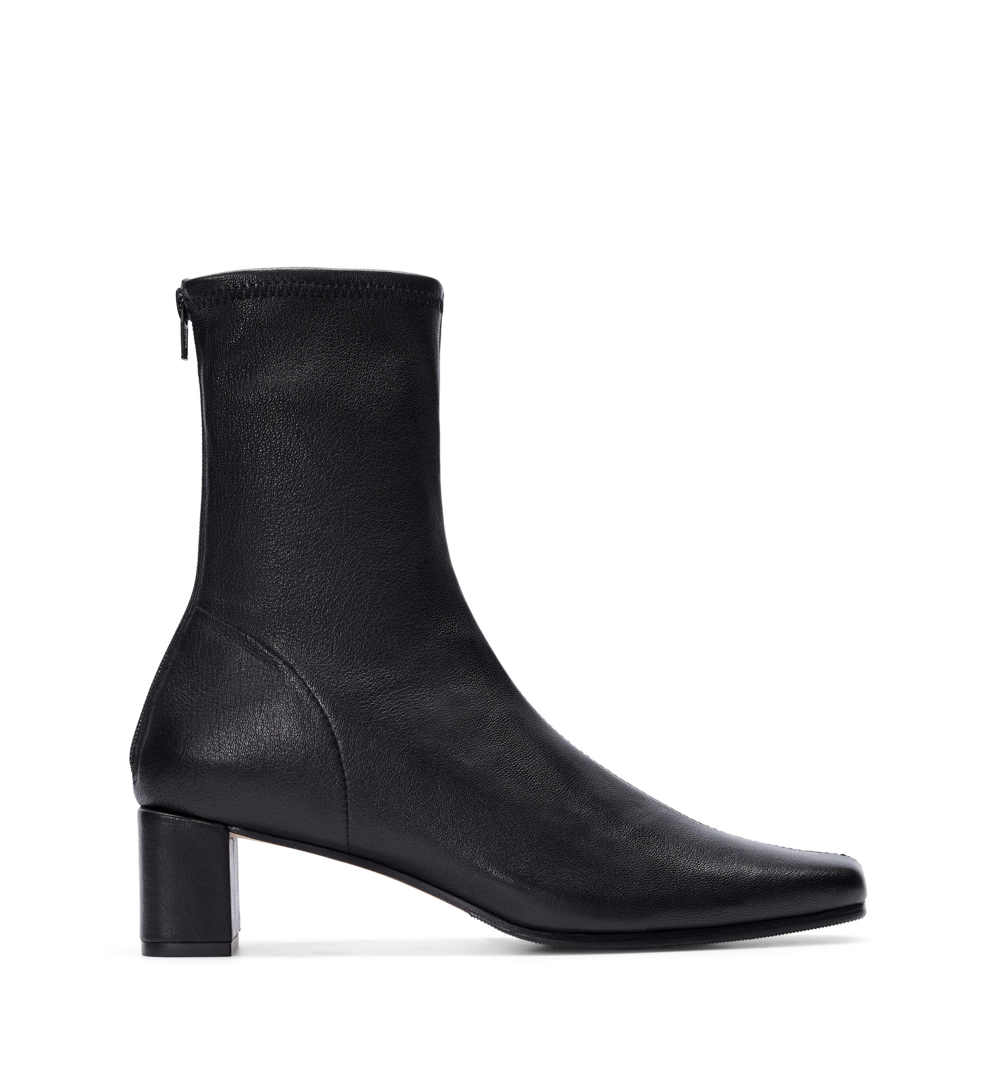 Black stretch leather heeled boots with a back zip and chunky heel.