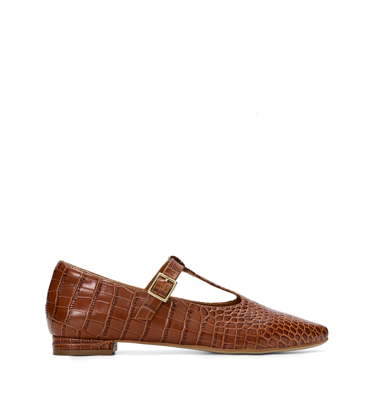Brown crocodile-patterned flat shoe with a gold buckle on a white background