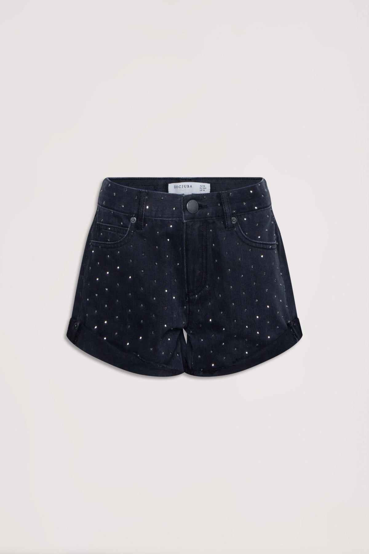 Black denim girls shorts with subtle rhinestone detailing and rolled hems, laid flat on a neutral background