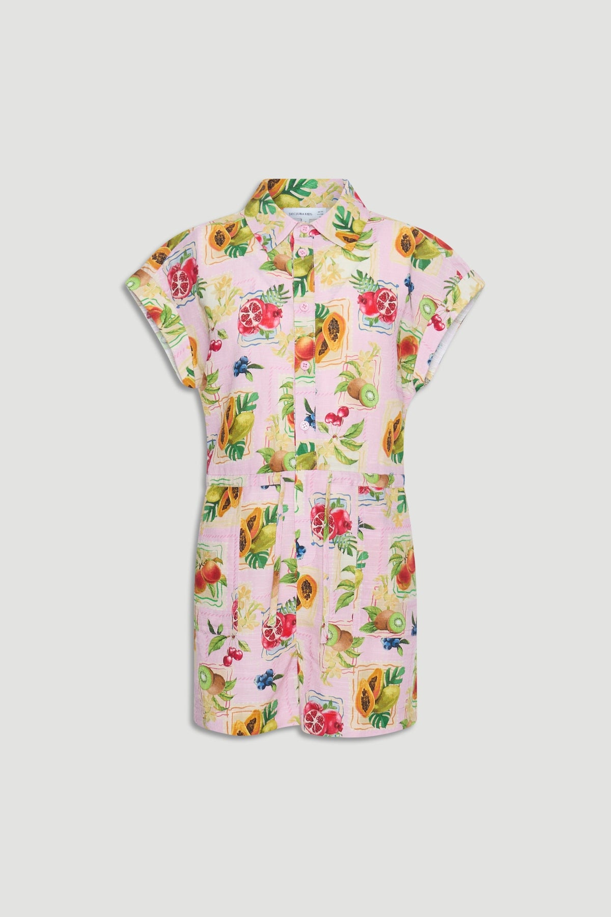 Girls playsuit in pastel pink featuring a vibrant tropical fruit print with short sleeves and a collar neckline