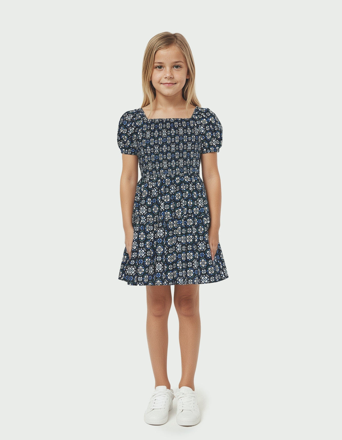 Girl wearing a Girls Maude Mini Dress with puff sleeves and square neckline in a portrait gallery shot 3