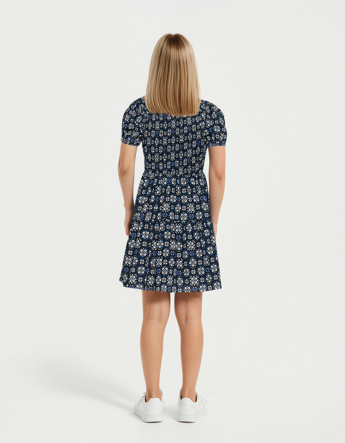 Girls Maude Mini Dress in navy floral print with balloon sleeves and elastic shirred bodice, gallery position 4 portrait view