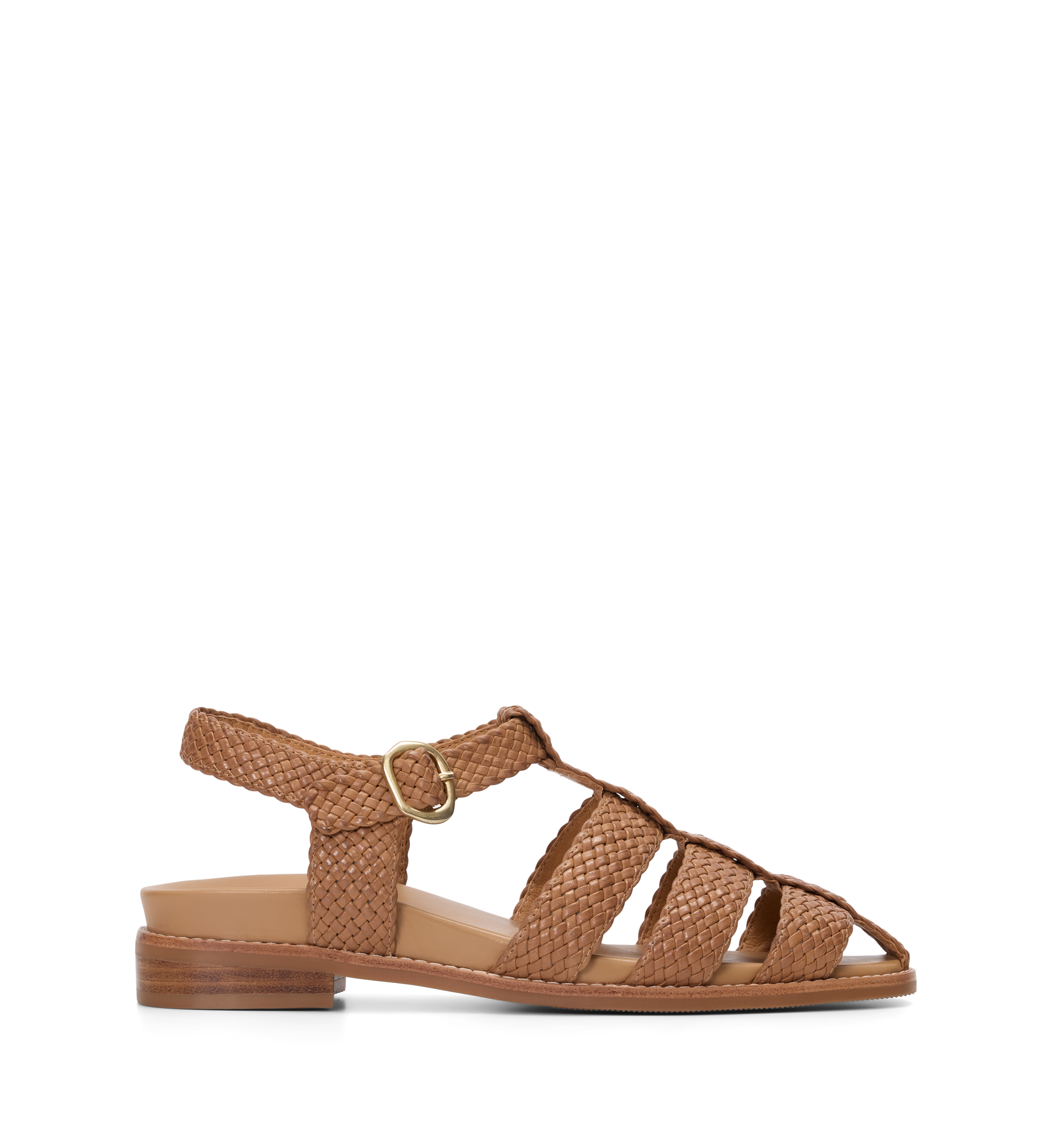 Brown woven sandal with a gold buckle on a white background