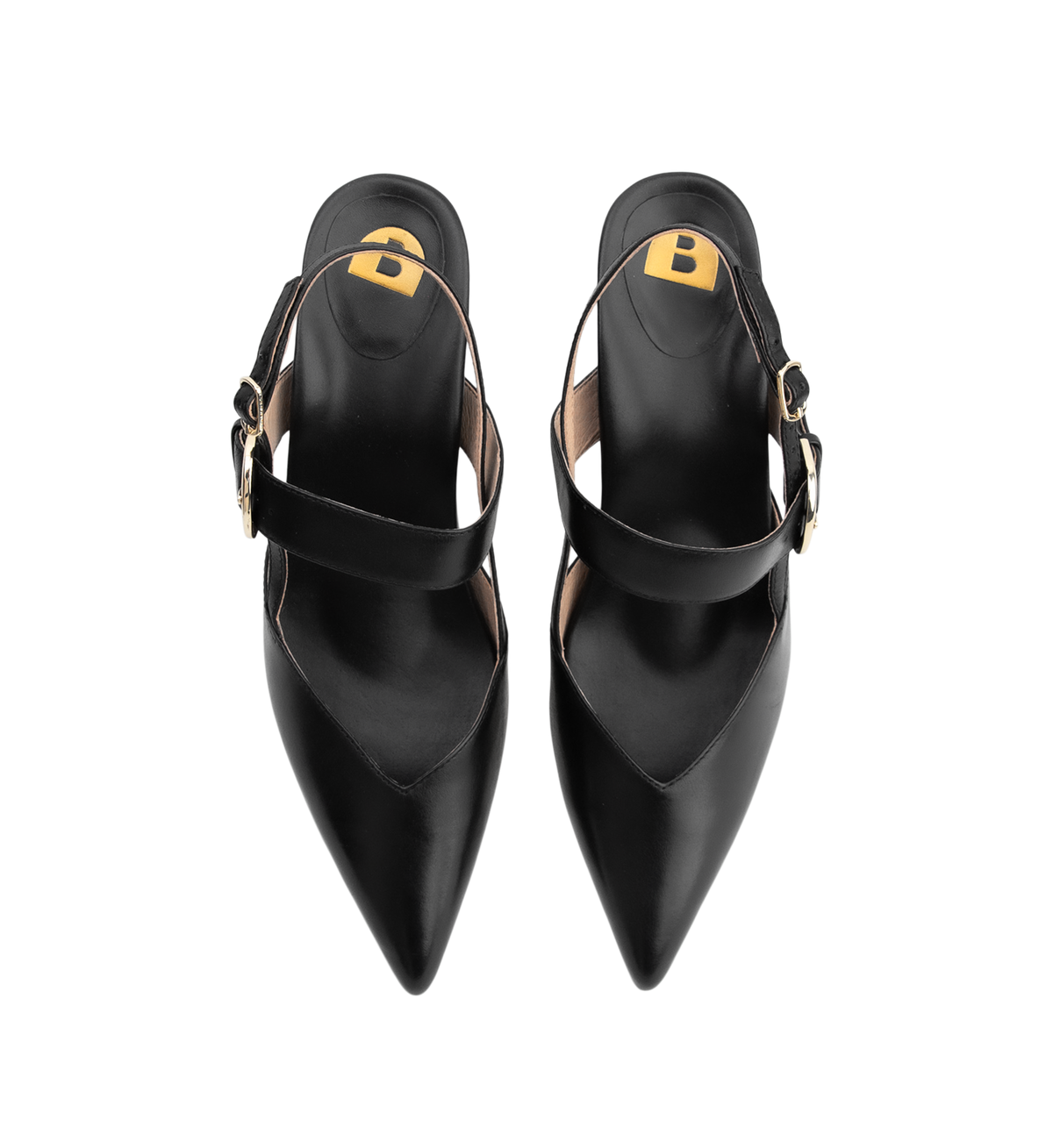 pair of black leather heels with slingback strap and a pointed toe
