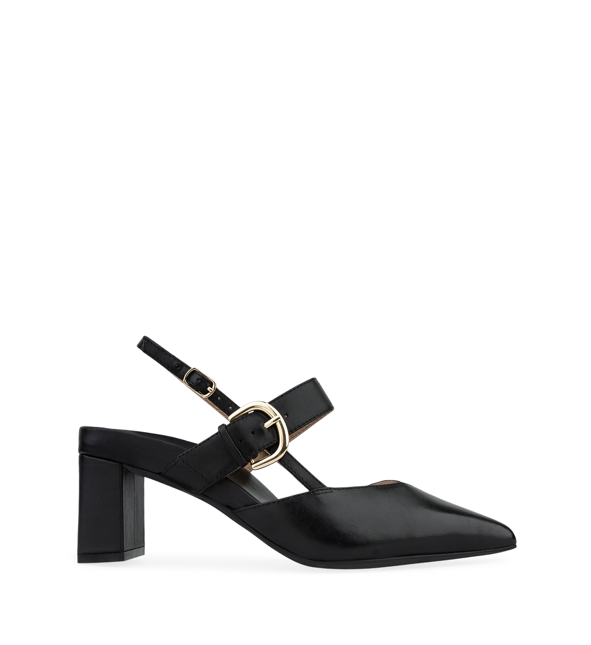 A black leather low heel with an adjustable sling-back ankle strap and a mid-foot strap, featuring a spacious pointed toe and a gold-colored hardware.