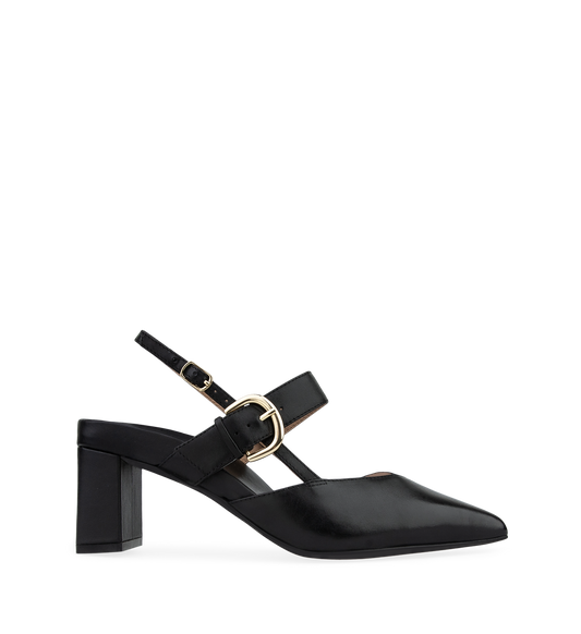 A black leather low heel with an adjustable sling-back ankle strap and a mid-foot strap, featuring a spacious pointed toe and a gold-colored hardware.