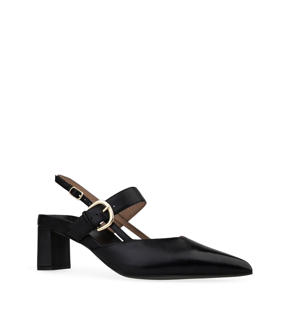 womens black leather pointed toe heel with a gold buckle