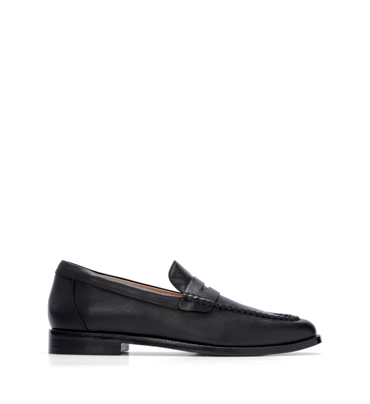 Bared Footwear Black leather loafers with a classic penny strap.