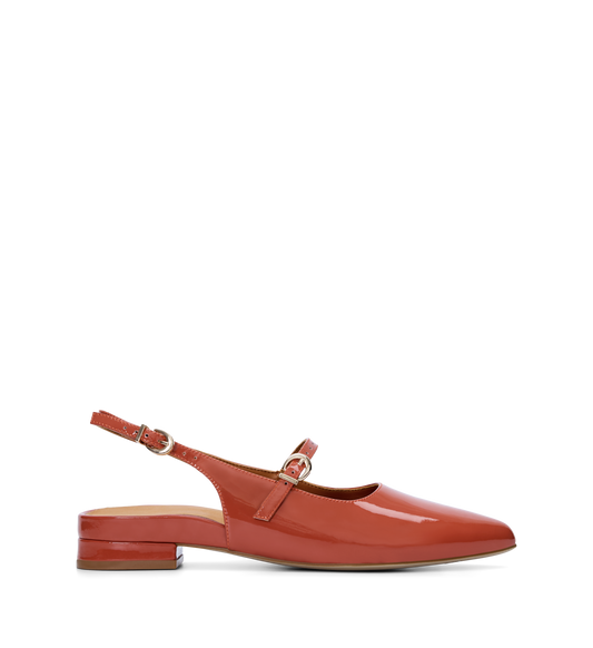 Orange slingback shoe on a white background