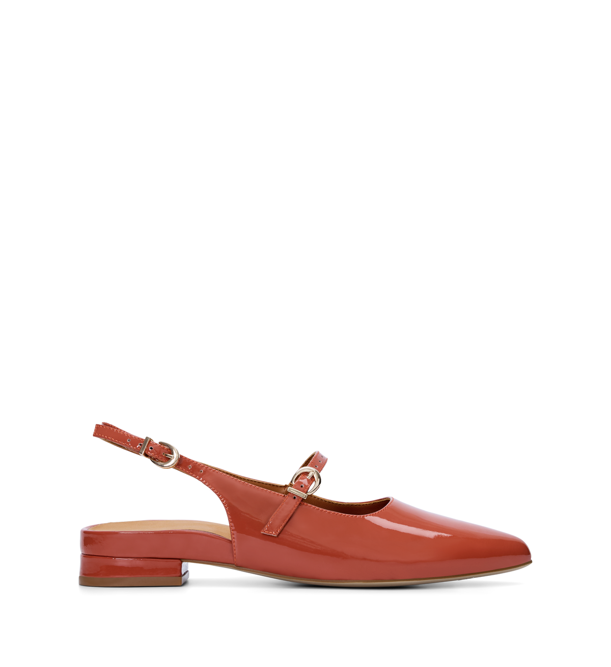 Orange slingback shoe on a white background