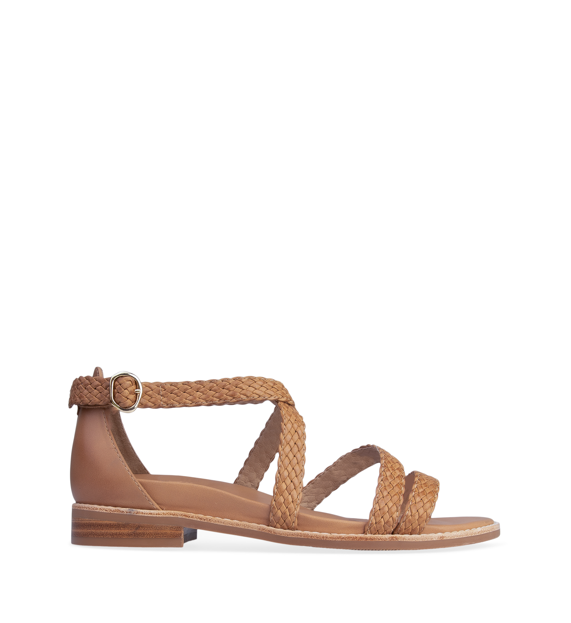 A tan leather flat sandal with adjustable buckle strap and a low heel.