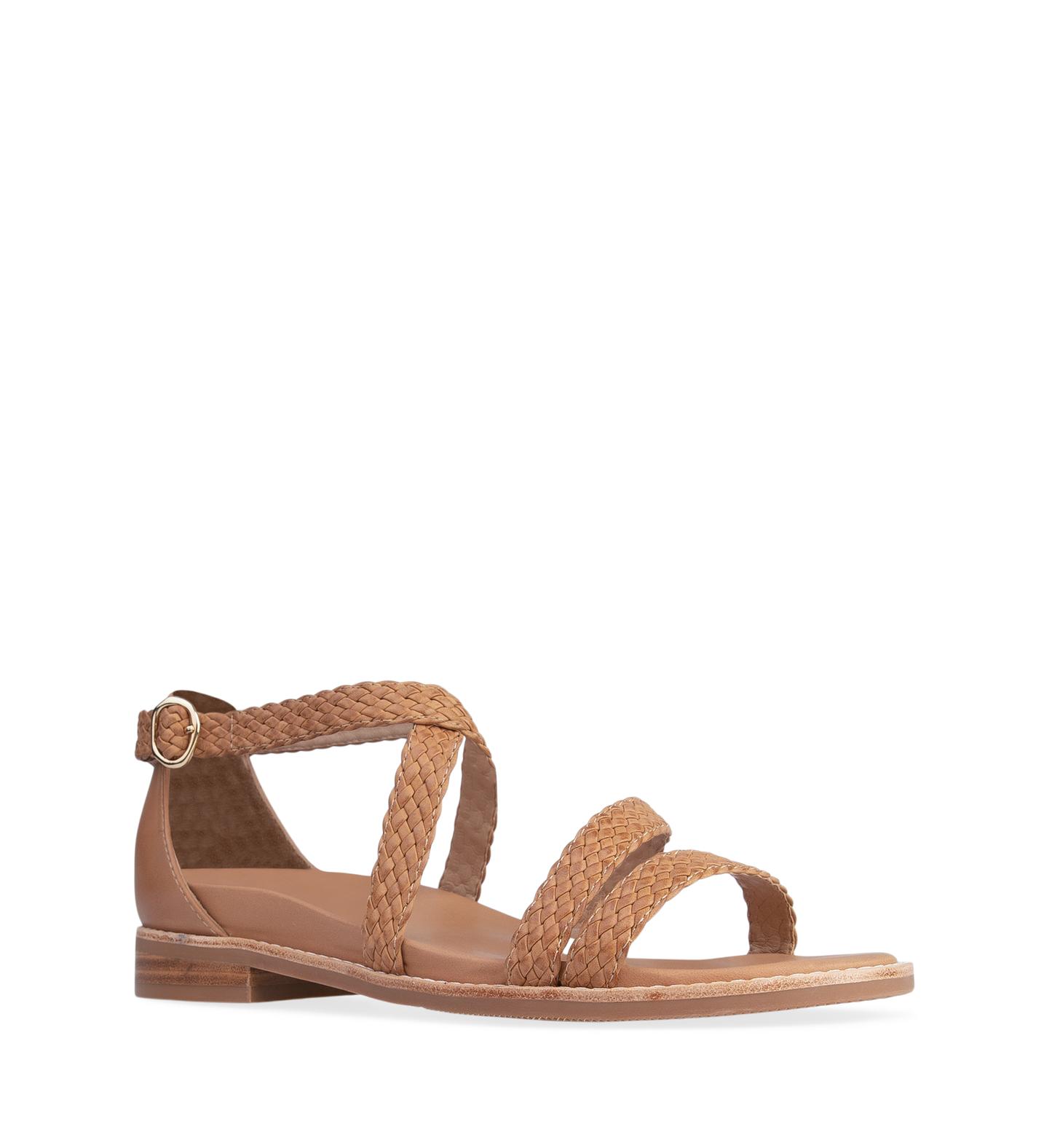 tan sandals with woven straps and a gold buckle