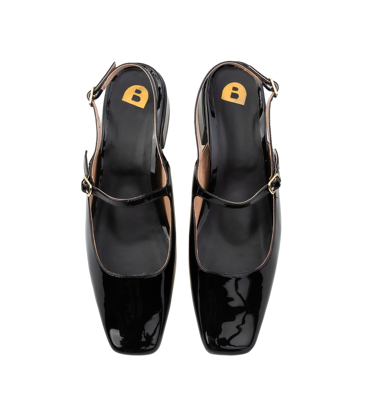 pair of black patent leather mary jane heels with a comfortable footbed and slingback strap
