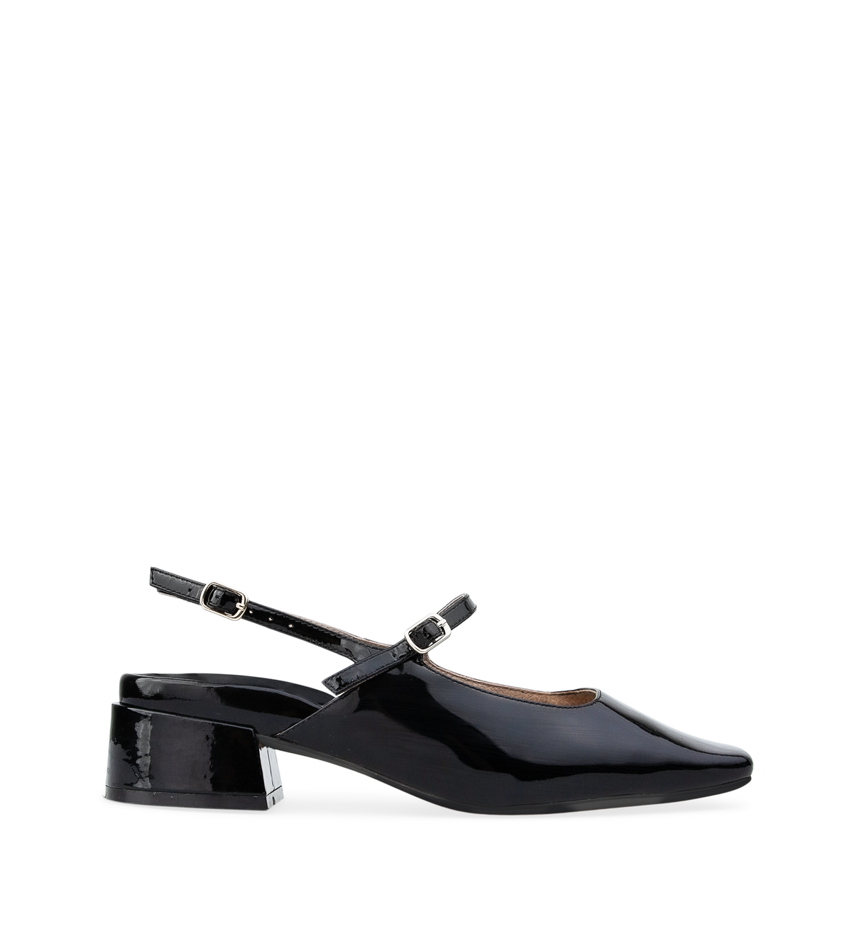 Black patent leather low heel slingback shoe with adjustable ankle strap and gold hardware.