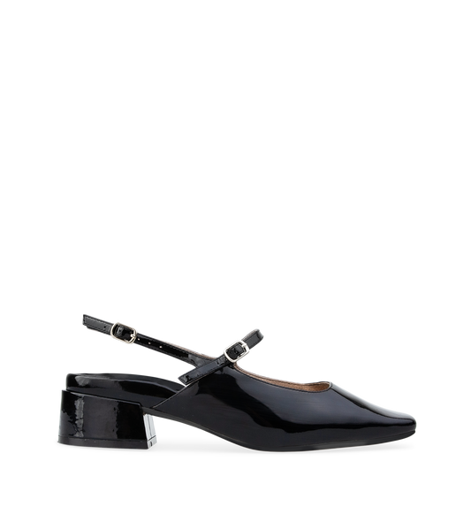 Black patent leather low heel slingback shoe with adjustable ankle strap and gold hardware.