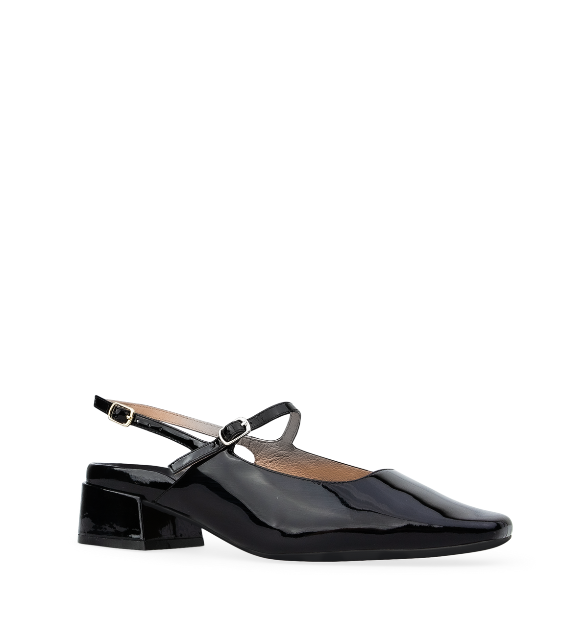a black patent leather mary jane heel with slingback strap